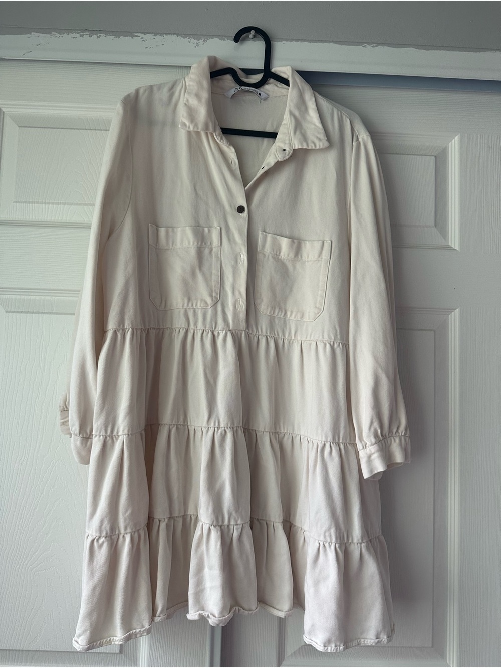 Zara Cream Button-Up Tiered Long-Sleeve Dress